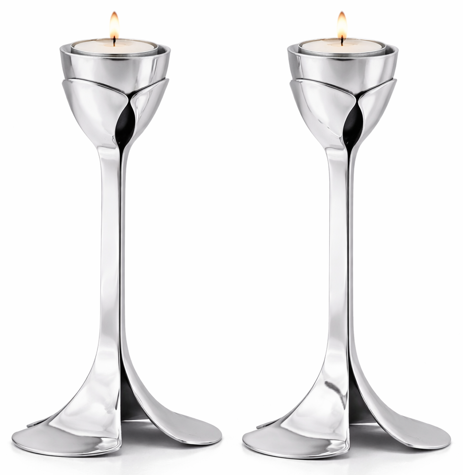 Artistic Floral Inspired Petal Base Sterling Silver Candle Holders