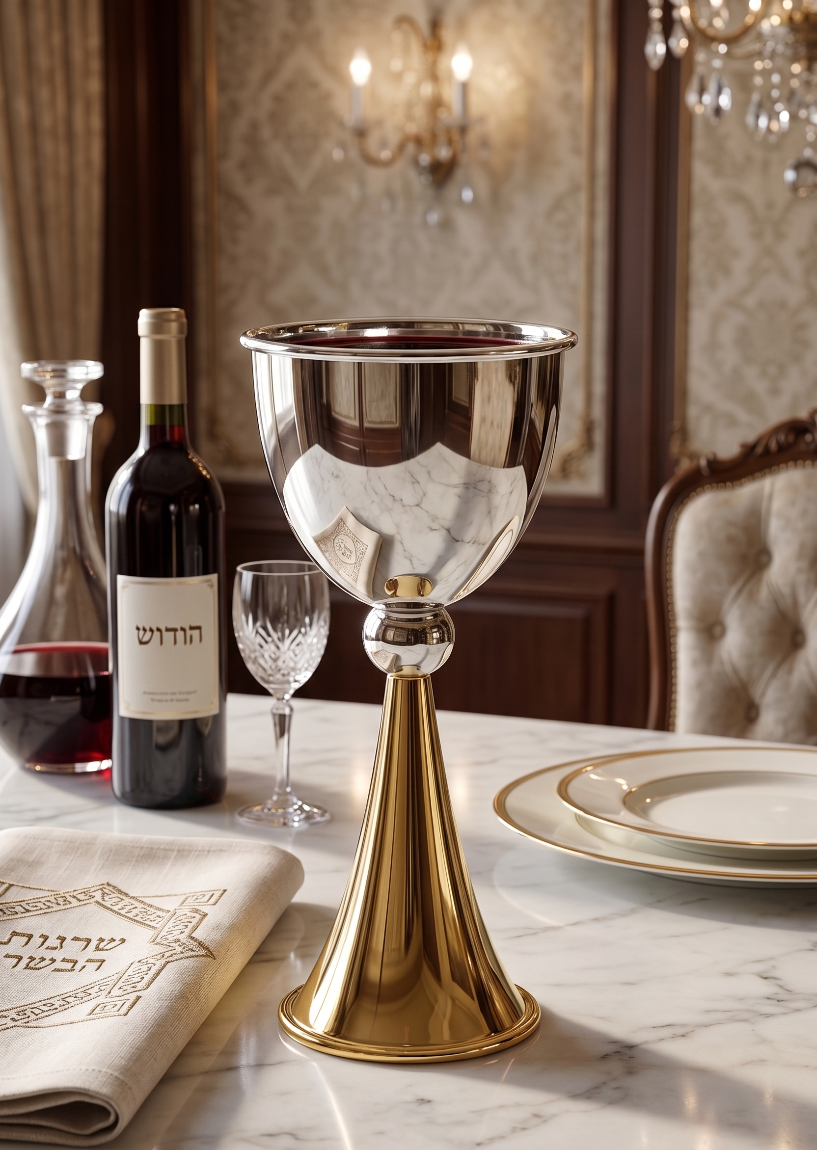 Grand Sterling Silver Modern Kiddush Cup With Elegant Brass Stem