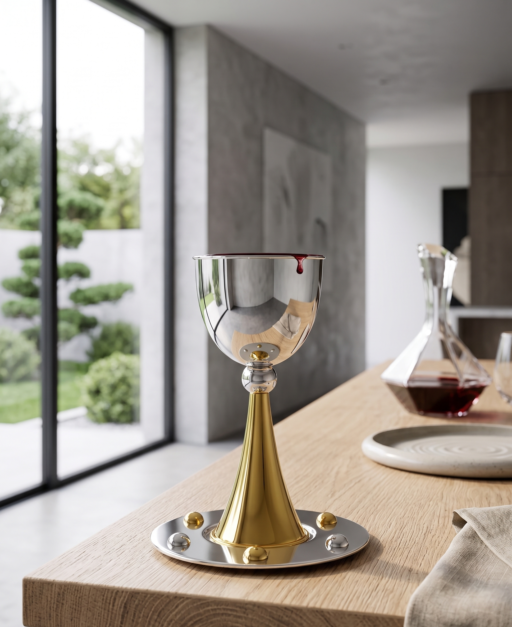 Grand Sterling Silver Modern Kiddush Cup With Elegant Brass Stem