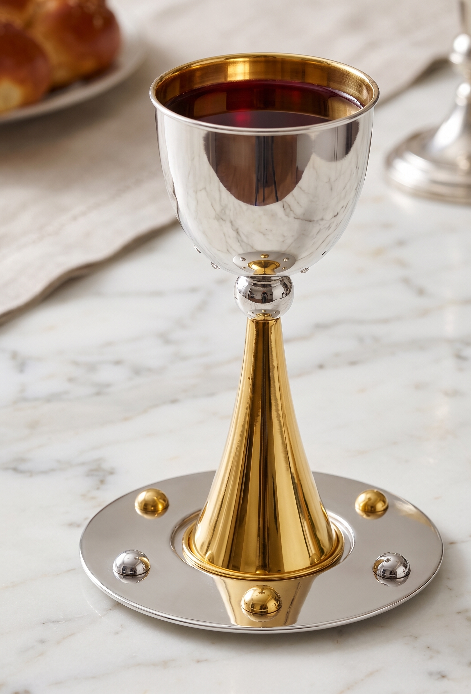 Grand Sterling Silver Modern Kiddush Cup With Elegant Brass Stem