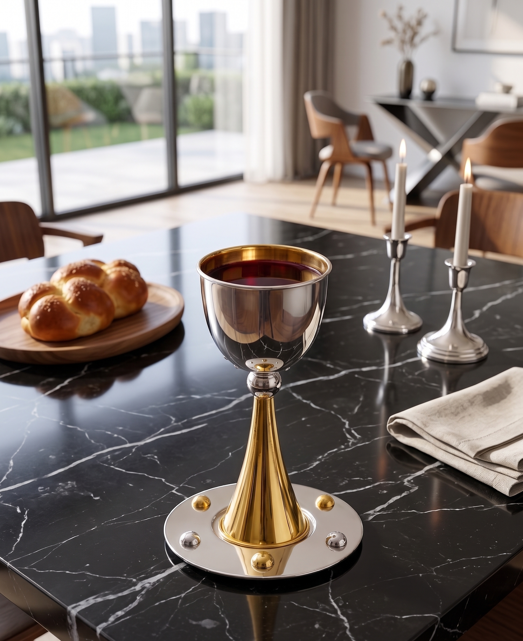 Grand Sterling Silver Modern Kiddush Cup With Elegant Brass Stem