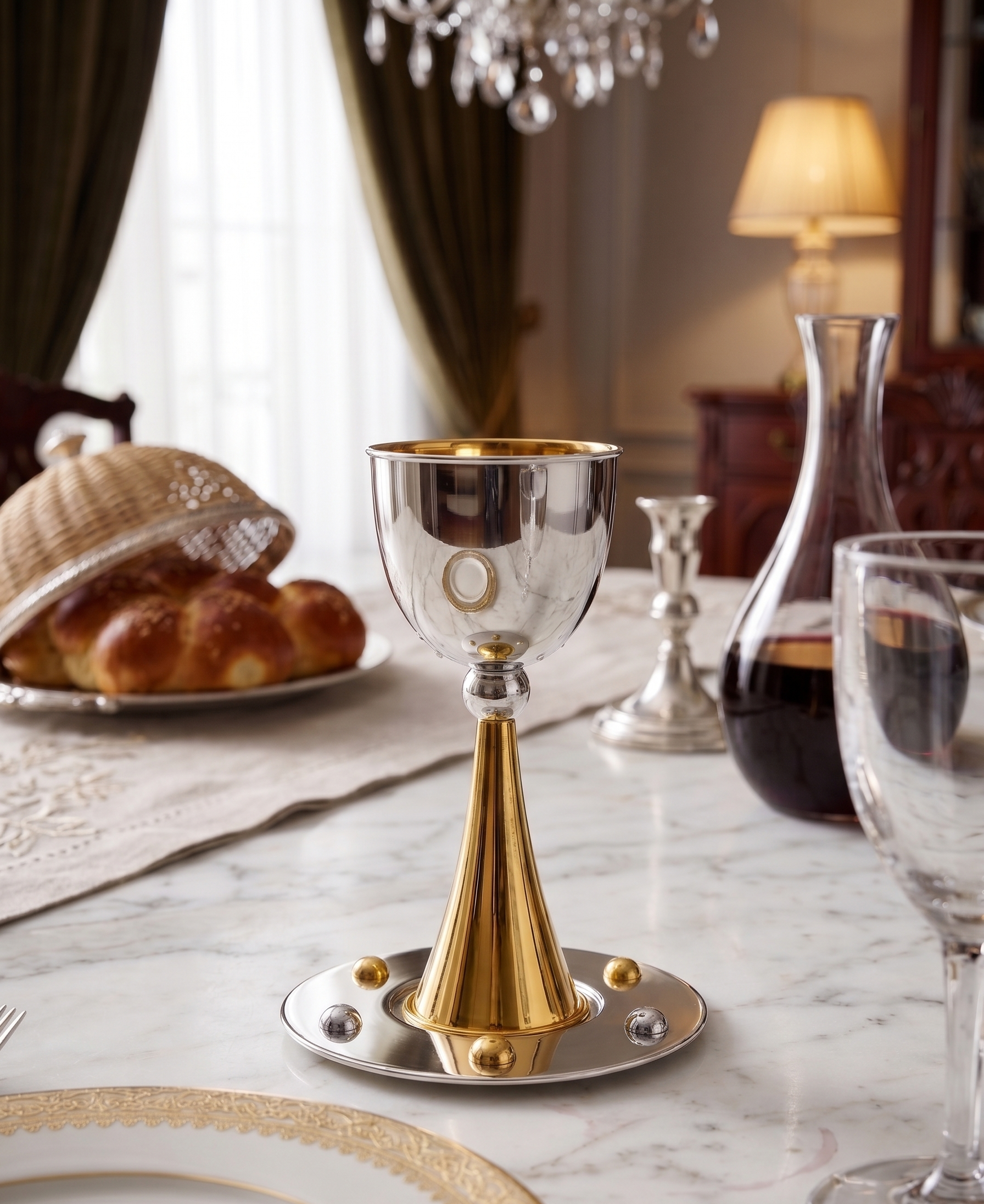 Grand Sterling Silver Modern Kiddush Cup With Elegant Brass Stem
