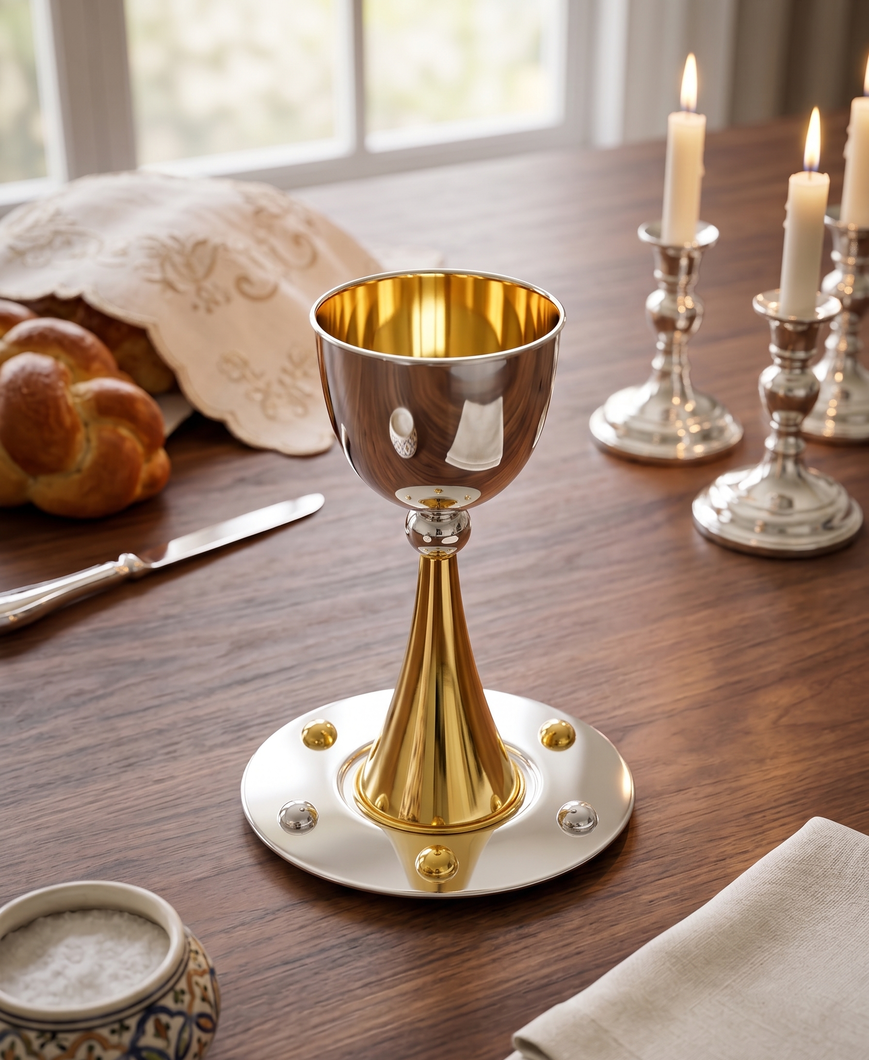 Grand Sterling Silver Modern Kiddush Cup With Elegant Brass Stem