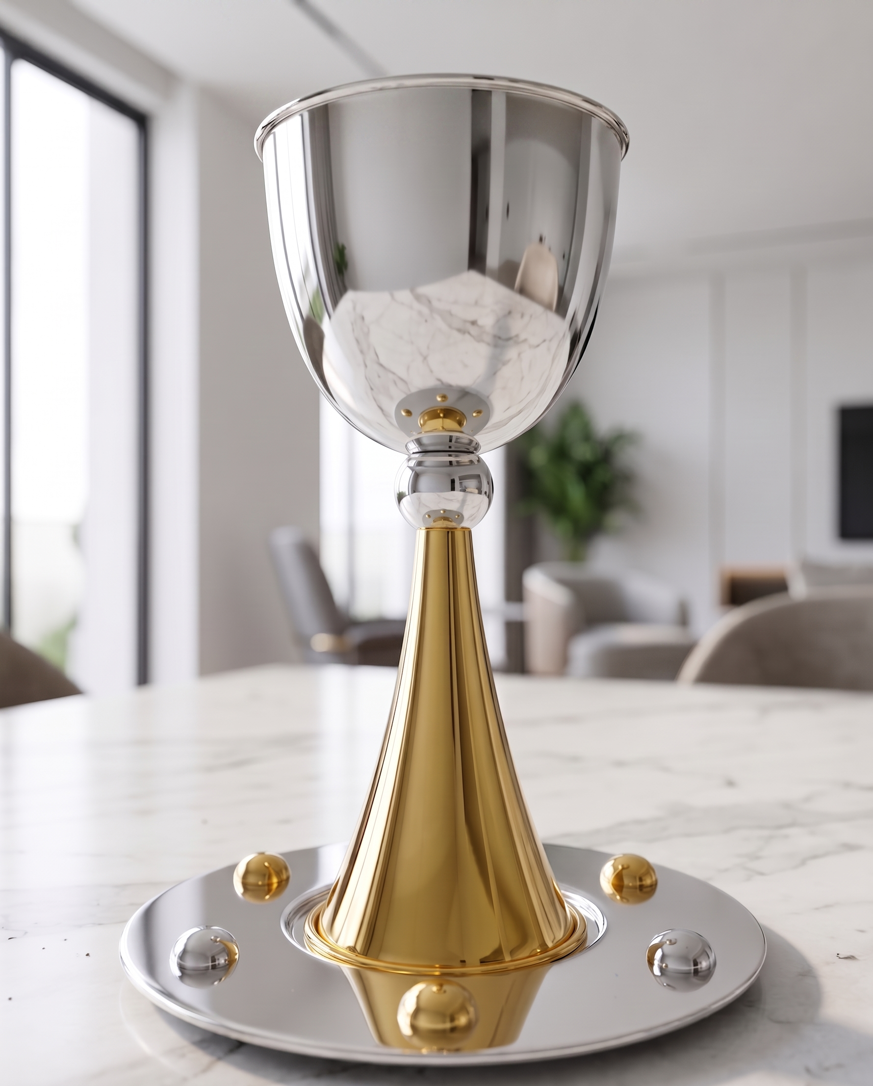 Grand Sterling Silver Modern Kiddush Cup With Elegant Brass Stem
