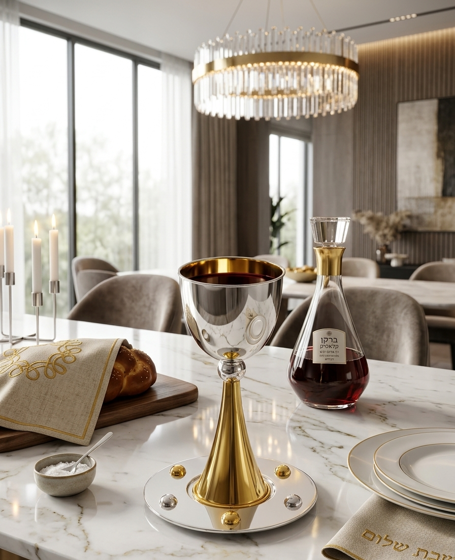 Grand Sterling Silver Modern Kiddush Cup With Elegant Brass Stem