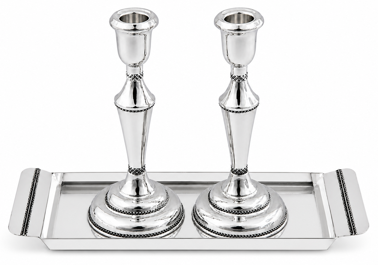 Elegant Mid-Sized Filigree Silver Candlesticks with Matching Tray