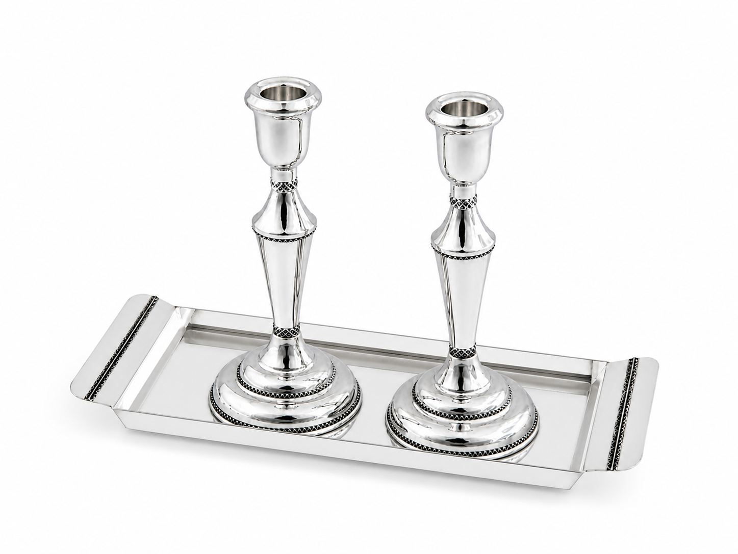 Elegant Mid-Sized Filigree Silver Candlesticks with Matching Tray