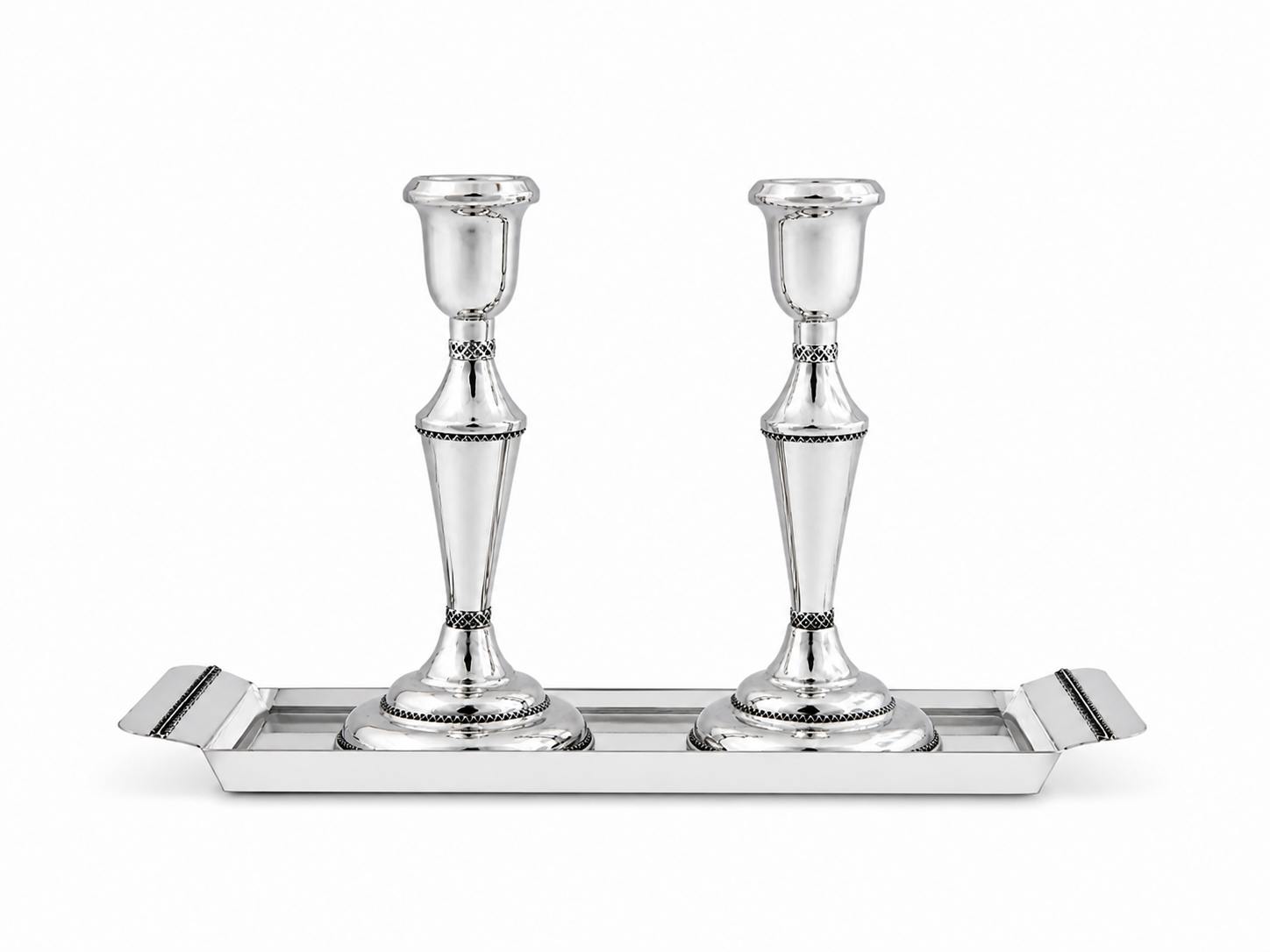Elegant Mid-Sized Filigree Silver Candlesticks with Matching Tray