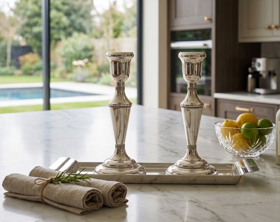 Elegant Mid-Sized Filigree Silver Candlesticks with Matching Tray