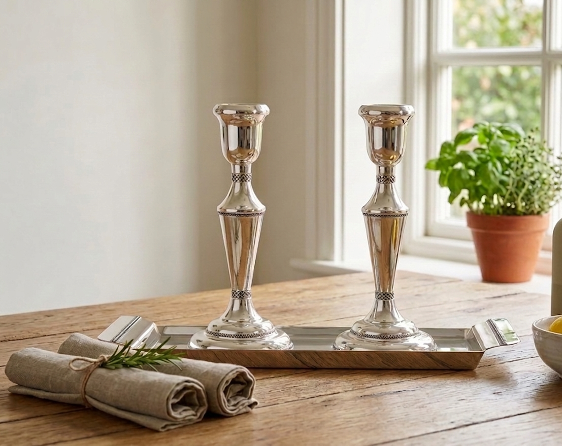 Elegant Mid-Sized Filigree Silver Candlesticks with Matching Tray