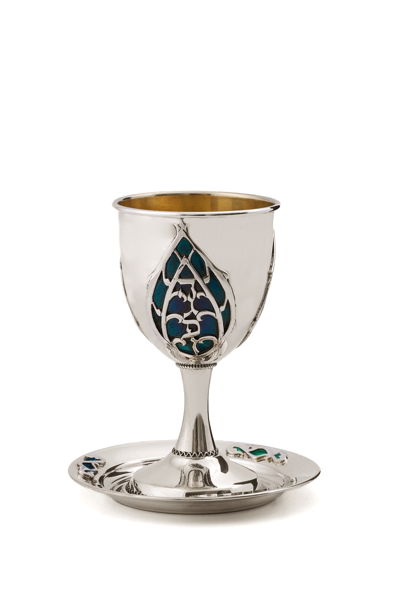 Sterling Silver Kiddush Plate With Blue Enamel Flourishes