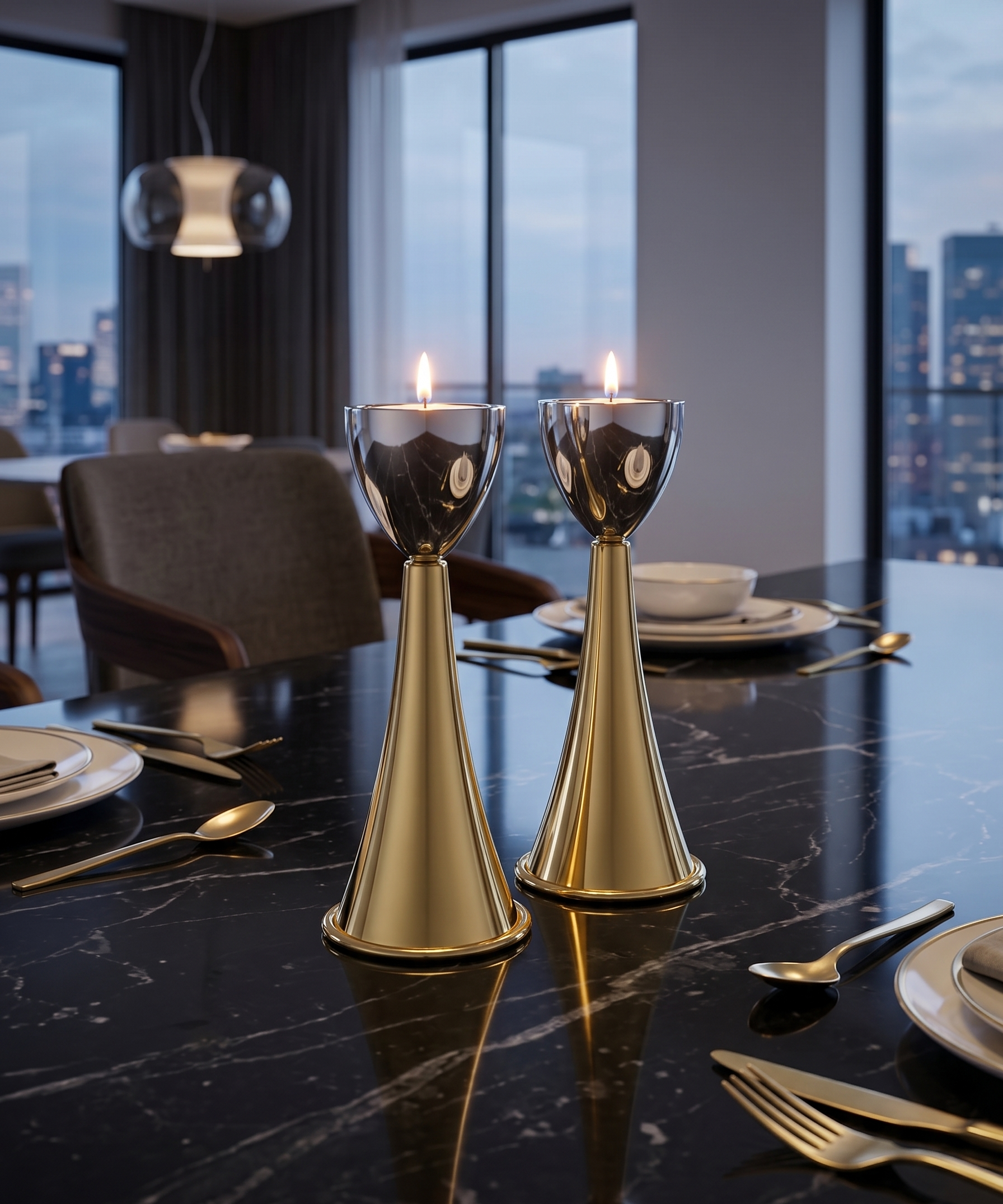Medium Sterling Silver Cone Candle Holders with Big Brass Base