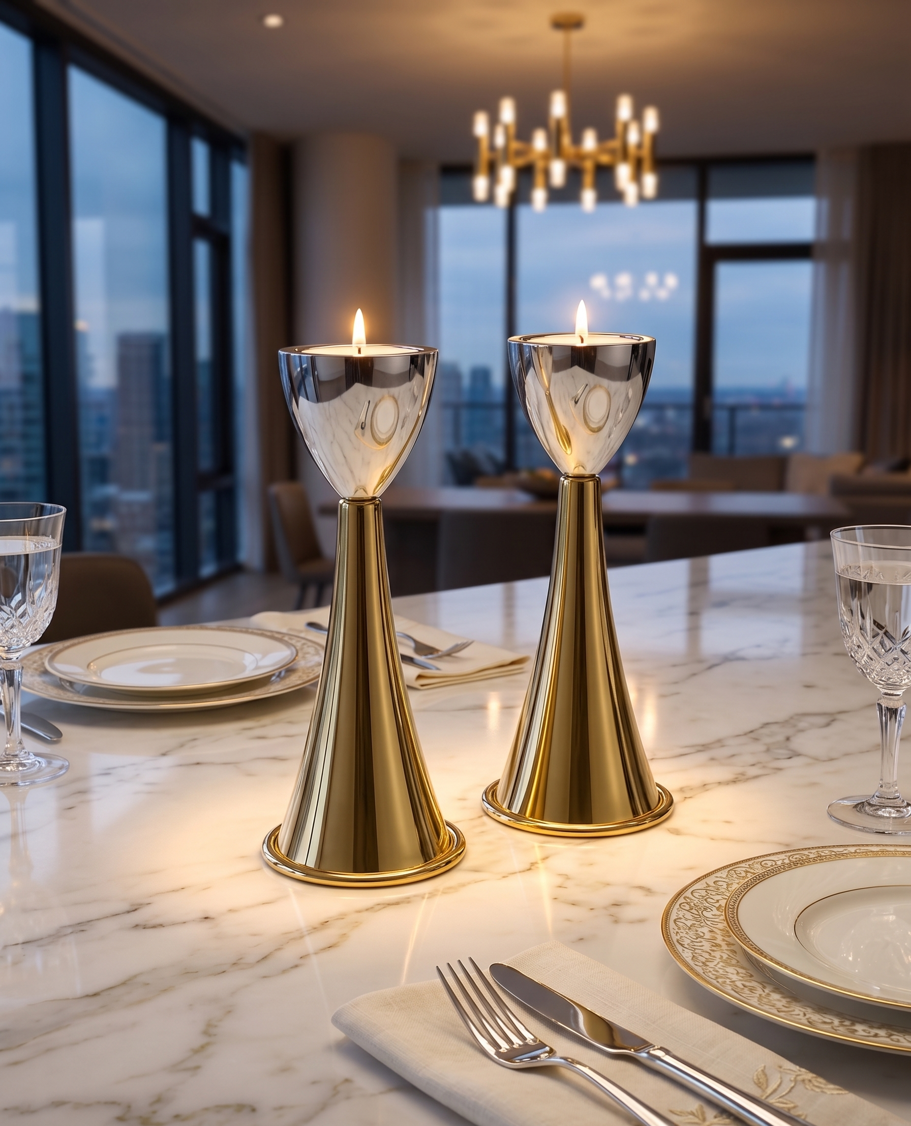 Medium Sterling Silver Cone Candle Holders with Big Brass Base
