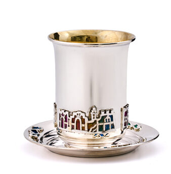 Sterling Silver Kiddush Plate With Blue Enamel Flourishes