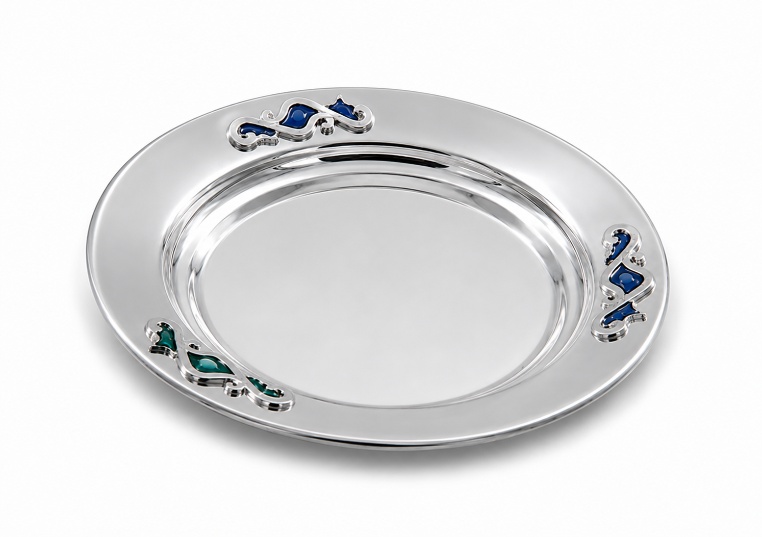 Sterling Silver Kiddush Plate With Blue Enamel Flourishes