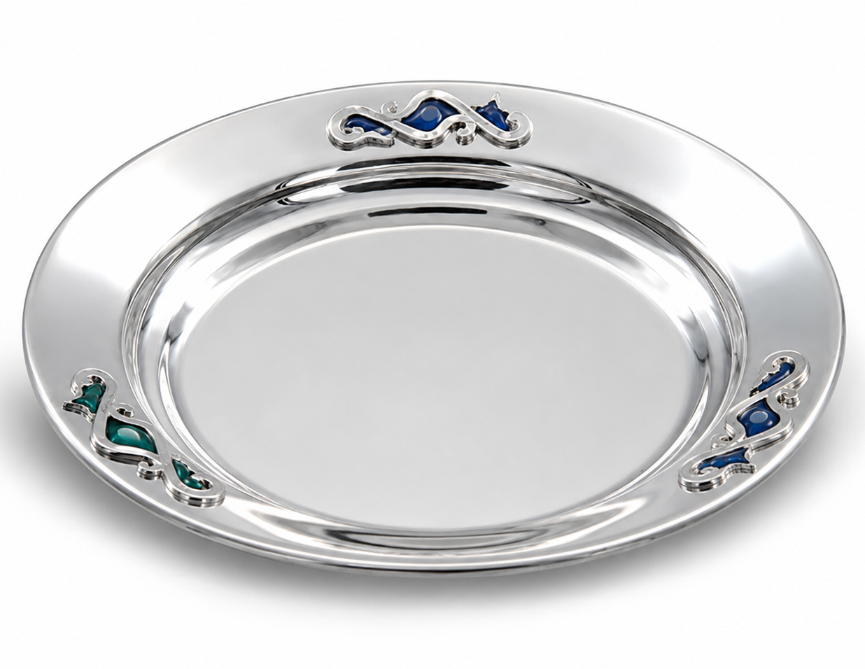Sterling Silver Kiddush Plate With Blue Enamel Flourishes