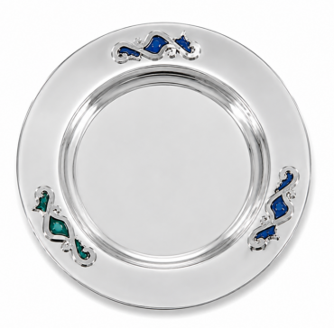 Sterling Silver Kiddush Plate With Blue Enamel Flourishes