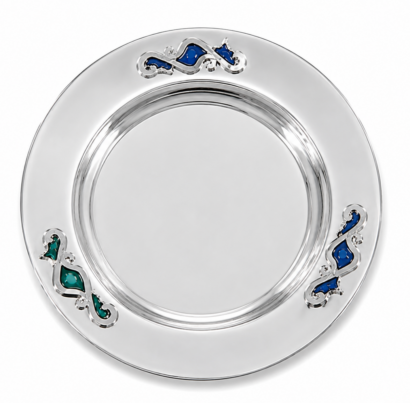 Sterling Silver Kiddush Plate With Blue Enamel Flourishes