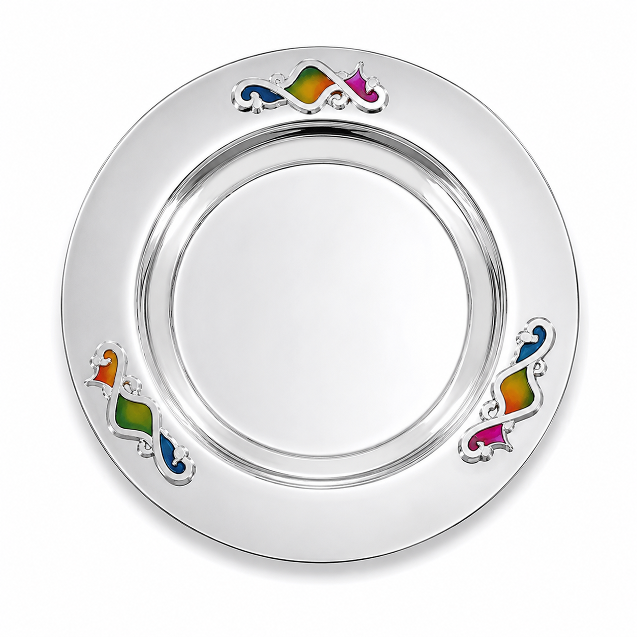 Sterling Silver Kiddush Plate With Blue Enamel Flourishes